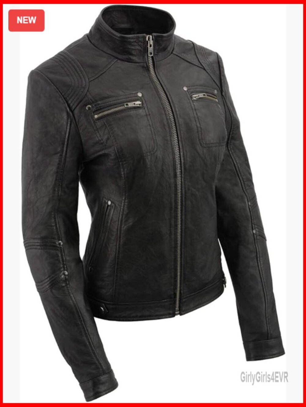 Lambskin Leather Racer Jacket with Fold Down Collar, Fitted Fit